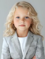 Young blonde girl with blue eyes wearing gray blazer and white shirt, looking directly at camera with natural expression. Professional portrait on light background.