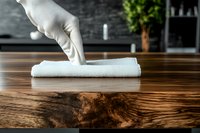 Gloved hand wiping wooden surface with white cloth, cleaning and disinfecting furniture, housekeeping and sanitization service for home maintenance.