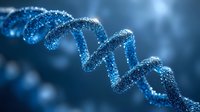 Glowing blue DNA helix structure with particle effect on dark background, genetic research visualization for science and medical presentations.