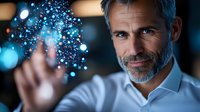 Mature Caucasian businessman with gray beard touching glowing digital network connections representing artificial intelligence and technology innovation.