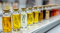 Row of small glass bottles with cork stoppers containing various colored essential oils and aromatic extracts on display shelf.