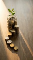 Green plant seedling growing from coins in glass jar with stacked coins on wooden surface symbolizing financial growth and investment success.