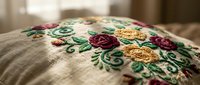 Linen pillow with colorful floral embroidery featuring roses and flowers in red, yellow, and green on a cozy bedroom background.
