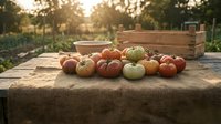 Fresh organic tomatoes harvest on rustic wooden table in garden with warm sunlight creating natural farm-to-table atmosphere for healthy cooking concepts.