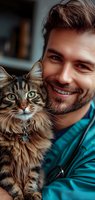 Caucasian male veterinarian in teal scrubs smiling while holding a fluffy tabby cat with green eyes and collar tag. Perfect for veterinary services.