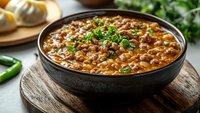 Homemade pinto bean soup garnished with fresh herbs in black ceramic bowl on rustic wooden board, comfort food with rich broth and tender legumes.