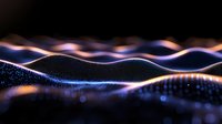 Glowing digital waves with blue and orange light effects on dark background create futuristic technology visualization for business presentations and tech designs.