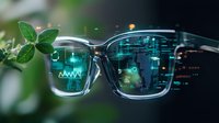 Futuristic smart glasses displaying holographic data analytics and charts with green plant leaves in foreground, representing sustainable technology innovation.