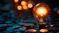 Glowing light bulb surrounded by coins representing innovation, financial success, bright ideas, investment opportunities, and creative business solutions.