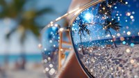 Tropical beach paradise reflected in sunglasses lens with palm trees, ocean waves and sparkling bokeh lights creating dreamy summer vacation atmosphere.