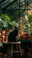 Black cat sitting on wooden stool in sunlit greenhouse surrounded by potted plants and green foliage, ideal for pet and botanical lifestyle content.