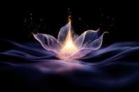 Glowing ethereal lotus flower with translucent petals floating above mystical waves, emanating magical light particles against dark background. Spiritual concept.