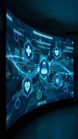 Futuristic curved display screen showing digital healthcare network with medical icons, connectivity symbols and blue holographic interface technology.