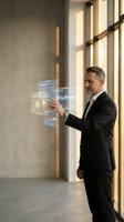 Mature Caucasian businessman in dark suit interacting with futuristic holographic interface display in modern office with natural window lighting.