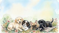 Adorable puppy lineup featuring golden retriever, bernese mountain dog, french bulldog and labrador breeds sitting together among spring flowers.