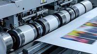 Close-up view of offset printing machine rollers in operation showing CMYK color bars and paper sheets moving through industrial press mechanism.