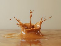 Dynamic coffee splash creating a crown-like formation with droplets suspended in mid-air against neutral background, capturing liquid motion.