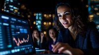 Professional businesswoman analyzing financial data on computer screen in modern office with city lights background at night.