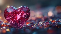 Sparkling pink heart-shaped gemstone on blurred background with colorful bokeh lights, symbolizing love and luxury for Valentine's Day designs.