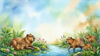 Capybaras gathered at water's edge in lush tropical wetland environment with green vegetation and flowering plants, suitable for children's book illustrations and nature-themed designs.