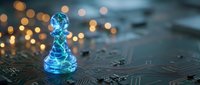 Glowing blue chess king piece on circuit board with bokeh lights representing artificial intelligence strategy and digital leadership in technology.