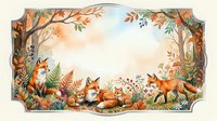 Autumn woodland scene with fox family among colorful fall foliage, mushrooms and forest plants in decorative frame for seasonal designs.
