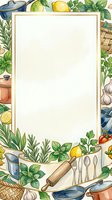Watercolor culinary frame with herbs, lemons, garlic, and kitchen utensils surrounding a blank center for text or menu design.