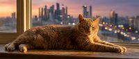 Tabby cat relaxing on windowsill at sunset with illuminated city skyline in background, urban pet lifestyle and feline companionship concept.
