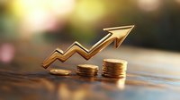 Golden arrow rising over stacked coins showing financial growth and investment success against blurred background with warm lighting and bokeh effect.