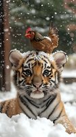 Young tiger cub lying in snow with brown chicken perched on head during snowfall, creating whimsical winter scene with unusual animal friendship.