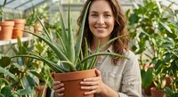 Young woman holding spider plant in terracotta pot inside bright greenhouse surrounded by green plants and gardening supplies for indoor plant care.