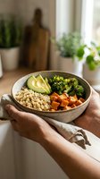 Person with medium skin tone holding a ceramic bowl containing quinoa, roasted sweet potato, steamed broccoli, and sliced avocado in a bright kitchen with potted plants and natural light.