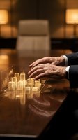 Senior male professional in dark business suit examining holographic golden cityscape and financial data visualization on wooden conference table in modern office setting.