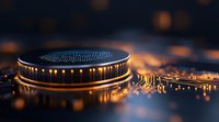 Futuristic microprocessor chip with glowing circuit paths and golden light effects on dark background, modern technology concept for computing and AI advancement.