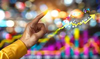 Caucasian hand in yellow sleeve pointing at glowing financial chart with upward trend arrow against colorful bokeh background, representing business growth and success.