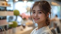 Young Asian woman with brown hair and natural makeup smiling in beauty store with blurred cosmetic products in background, perfect for beauty industry marketing.