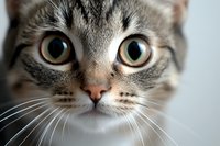 Close up portrait of gray tabby cat with bright green eyes and long whiskers against light background, focused on expressive feline face and striking gaze.