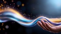 Magical energy wave flowing above open palm with glowing particles and light trails against dark background, mystical healing concept.