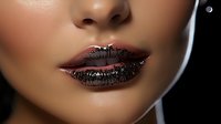Close up of glossy dark burgundy lips with metallic shimmer effect on tan skin, showing sensual expression and professional makeup artistry for beauty and cosmetics industry.