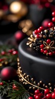 Elegant black Christmas cake decorated with golden pine cones and red berries surrounded by festive holiday ornaments and evergreen branches with warm bokeh lights.