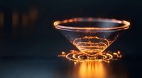 Glowing liquid in elegant glass cone shape emits magical light rays and reflections against dark background, creating mystical atmosphere and golden illumination.
