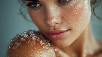 Young Caucasian woman with freckles and glitter on face, salt crystals on shoulder, natural makeup, blue eyes, and soft lighting for beauty and skincare advertising.