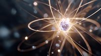 Glowing atomic nucleus with electron orbits and energy rays against dark background, scientific visualization of quantum physics concept.