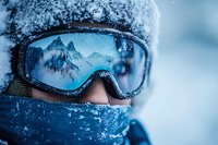 Snow-covered ski goggles reflect majestic mountain peaks against blue winter sky, frost crystals form on protective winter gear showing extreme cold conditions.