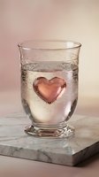 Elegant crystal glass with pink heart-shaped ice cube on marble surface, romantic drink concept for Valentine's Day celebrations and love-themed events.