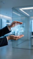 Businessman hands protecting holographic digital interface icons in modern office environment representing data security and technology innovation.