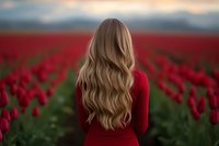 Young woman with long blonde wavy hair wearing red sweater standing in blooming tulip field during sunset, view from behind against blurred floral landscape background.
