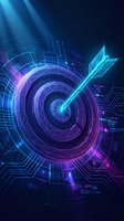 Digital target with glowing arrow hitting bullseye surrounded by futuristic holographic interface elements and neon blue purple light effects for business success.