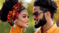 Young African American couple in vibrant attire sharing intimate moment outdoors. Woman wears colorful headwrap and statement earrings, man has beard and sunglasses.
