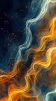 Abstract flowing waves of orange and blue light with glowing particles creating dynamic contrast against dark background. Suitable for modern tech designs.